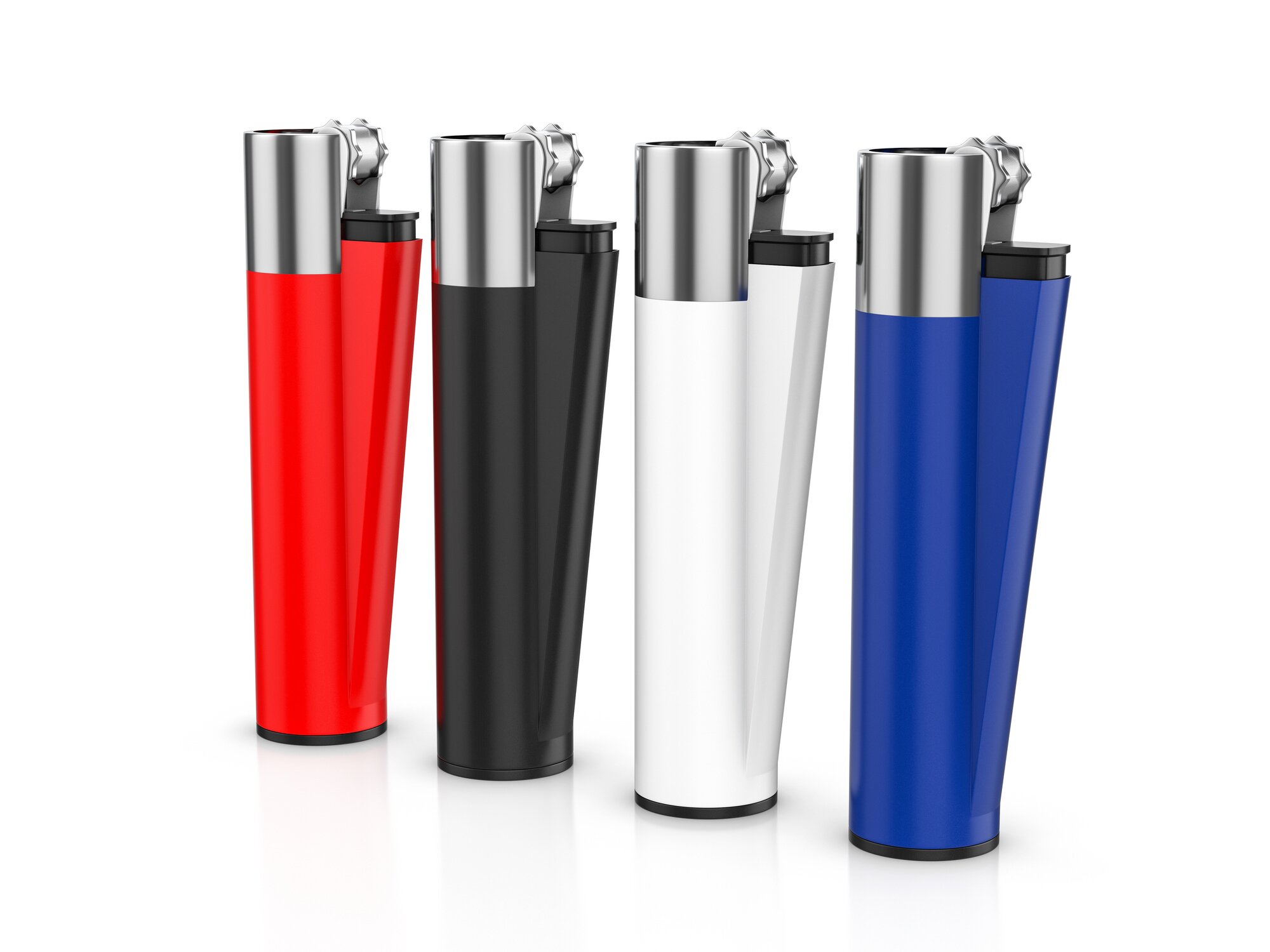Vier Clipper-Feuerzeuge in verschiedenen Farben (Rot, Schwarz, Weiß und Blau) mit glänzendem Metallkopf und verchromtem Verschlussmechanismus. 