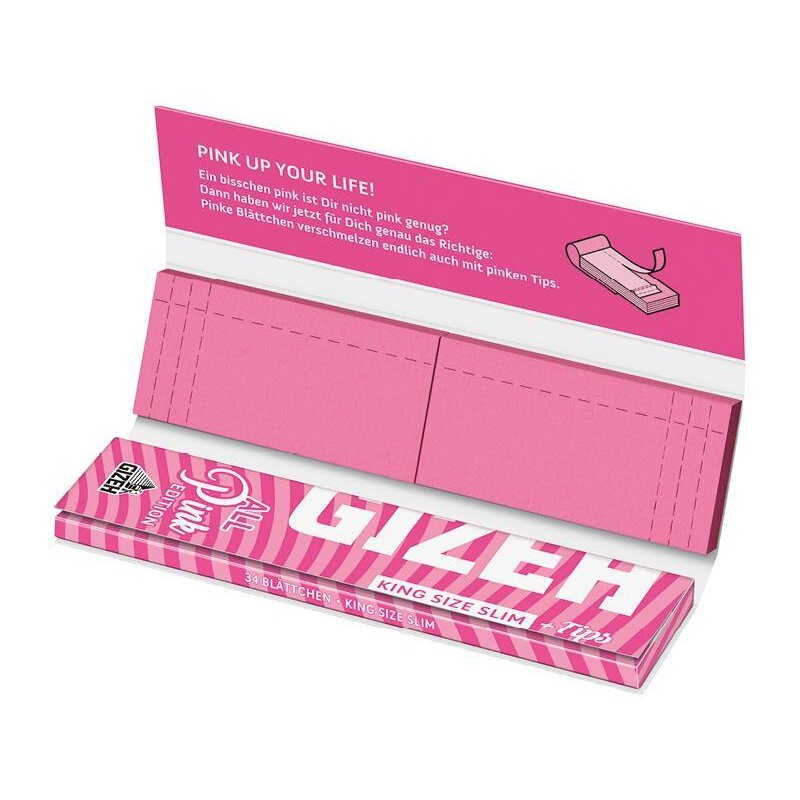 GIZEH Pink King Size Slim Rolling Papers + Tips – Extra Fein, Ungebleicht (34 Blättchen Pro Packung)