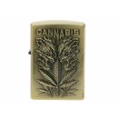 Benzinfeuerzeug "Cannabis" Antik-Gold mit Einsatz