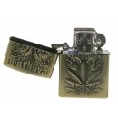 Benzinfeuerzeug  "Cannabis" Antik-Gold mit Einsatz