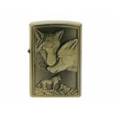 Benzinfeuerzeug "Wolf" Antik-Gold mit Einsatz